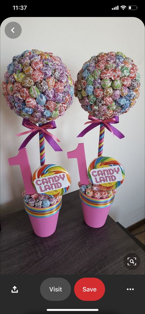 Candy Land Centerpieces, White And Silver Party, Dum Dums Lollipops, Silver Party Decorations, Lollipop Tree, Candy Theme Birthday Party, Candy Themed Party, Candy Centerpieces, Dum Dums