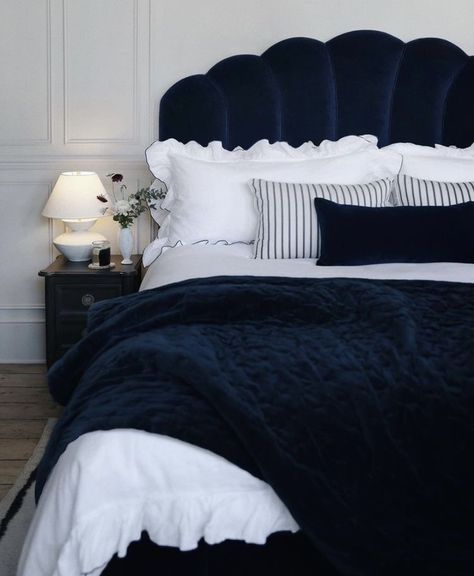 No 17 House, Blue Velvet Headboard, Dark Blue Rooms, Hamptons Bedroom, Super King Bed, Bed Frame Design, Velvet Headboard, Dreams Beds, Superking Bed