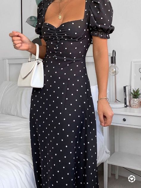 Dot Dress Outfit, Fashion Designer Aesthetics, Detailed Black Dress, Dots Outfit, White Mules, Polka Dots Outfit, Dots Dress, Black Polka Dot Dress, Summer Black Dress