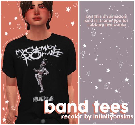 did i spend hours on this just so max could have a couple extra things to wear??? maybe so requires mesh by @gorillax3 10 swatches yes all of them are from hot topic. every single one. disabled for... Sims 4 Cc Band Tees Patreon, Sims 4 Enby Cc, Band Tee Sims 4 Cc, Sims 4 Cc Band Tees Male, Ts4 Mm Male Clothes, Sims 4 Emo Clothes Male, Sims 4 Male Ccs, Mcr Sims 4 Cc, Sims 4 Band Tees