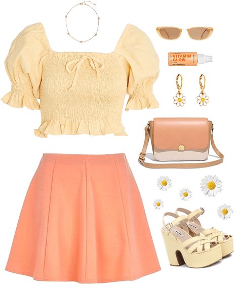 Soft Yellow Outfit Aesthetic, Cute Orange Outfits Aesthetic, Orange Outfits Ideas, Soft Orange Outfit, Pastel Outfit Summer, Orange Coquette Outfit, Cute Yellow Outfits Aesthetic, Peach Aesthetic Outfit, Cute Outfits Yellow