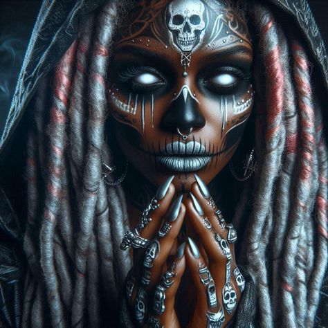 #voodooqueen #voodoo #witch #ai #witchcraft Voodoo Queen Art, Voodoo Witch Makeup, Voodoo Priestess Makeup, Voodoo Fashion, Voodoo Aesthetic, Voodoo Skeleton, African Witchcraft, Voodoo Doll Makeup, Dark Feminism