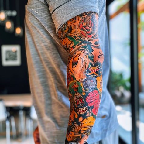 Detailed and vibrant sleeve tattoo on an individual's arm, featuring bold colors and intricate designs inspired by traditional motifs. Set in a modern urban atmosphere with soft ambient lighting. Colorful Sleeve Tattoos, Urban Culture, Tattoo Artwork, Urban Setting, Modern Urban, Sleeve Tattoo, Arm Tattoo, Ambient Lighting, Sleeve Tattoos