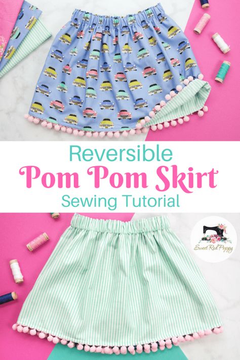 Reversible Pom-Pom Trim Skirt - Sweet Red Poppy Skirt Sewing Tutorial, Pom Pom Skirts, Diy Sy, Zigzag Stitch, Shirt Tutorial, Skirt Sewing, Skirt Tutorial, Beginner Sewing Projects Easy, Easy To Sew