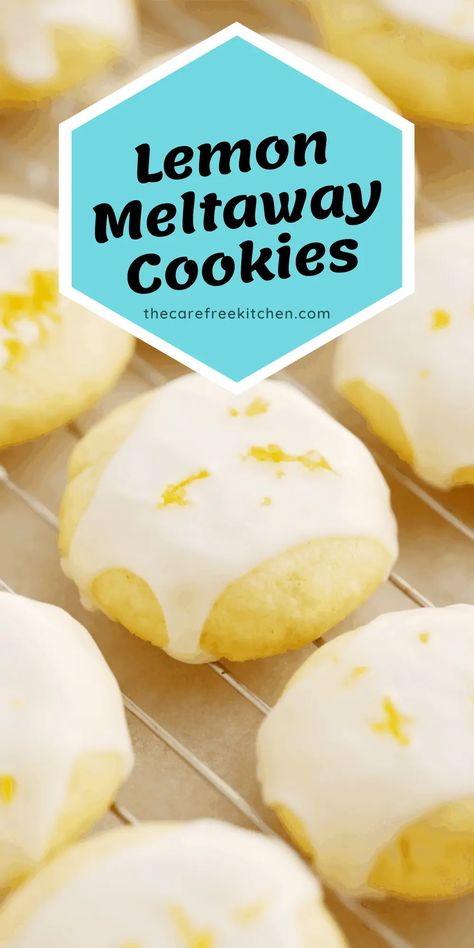 These quick and easy Lemon Meltaway Cookies are so tender that they literally melt in your mouth. They’re topped with a tart and creamy lemon glaze that makes them completely irresistible. #thecarefreekitchen #cookies #lemon #lemonmeltaways #easy #glaze Lemon Meltaway Cookies Recipes, Almond Lemon Cookies, Lemon Filled Cookies, Meltaway Cookies Recipe, Lemon Meltaway Cookies, Lemon Meltaways, Sweet Deserts, Lemon Cookies Easy, Cookies Lemon