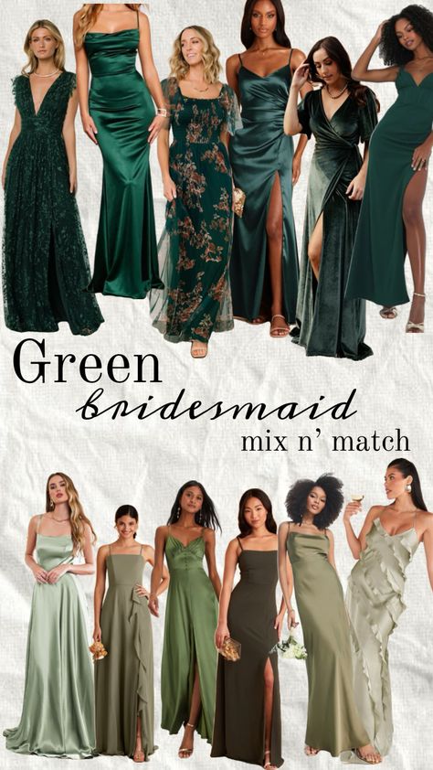 Green And Gold Bridesmaids, Green And Gold Bridesmaid Dresses, Prenup Outfit, Bridesmaid Color Palette, Willow Tree Wedding, Emerald Dresses, Colorful Cocktails, Gold Bridesmaid Dresses, Bridesmaid Colors