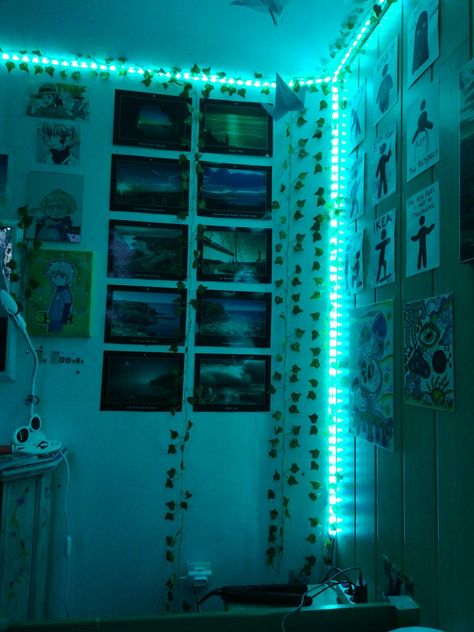 Cyan Room Decor, Cyan Room, Cyan Bedroom, Led Aesthetic Room, Led Aesthetic, Bedroom Teal, Bed Makeover, Neon Lights Bedroom, Neon Words