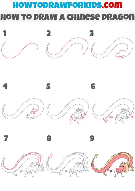 Easy Chinese Dragon Drawing, China Dragon Drawing, How To Draw Chinese Dragon, Simple Chinese Dragon Drawing, Chinese Dragon Outline, How To Draw A Dragon Step By Step, Chinese Dragon Drawing, Chinese Dragon Art, Easy Dragon Drawings