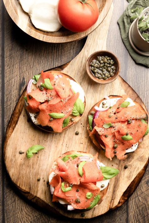 Fresh mozzarella and lox on a bagel = Good morning. 🌞 Lox Bagel, Caprese Recipe, Lox And Bagels, Caprese Recipes, Red Onion Relish, Italian Cheese, Plum Tomatoes, Fresh Mozzarella, Authentic Italian