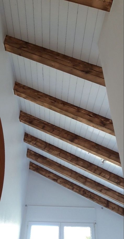 Wood Slat Ceiling, Reclaimed Wood Ceiling, Basement Ideas Finished, Wooden Ceiling Design, Shiplap Ceiling, Exposed Rafters, Roof Beam, Timber Ceiling, Wooden Ceiling