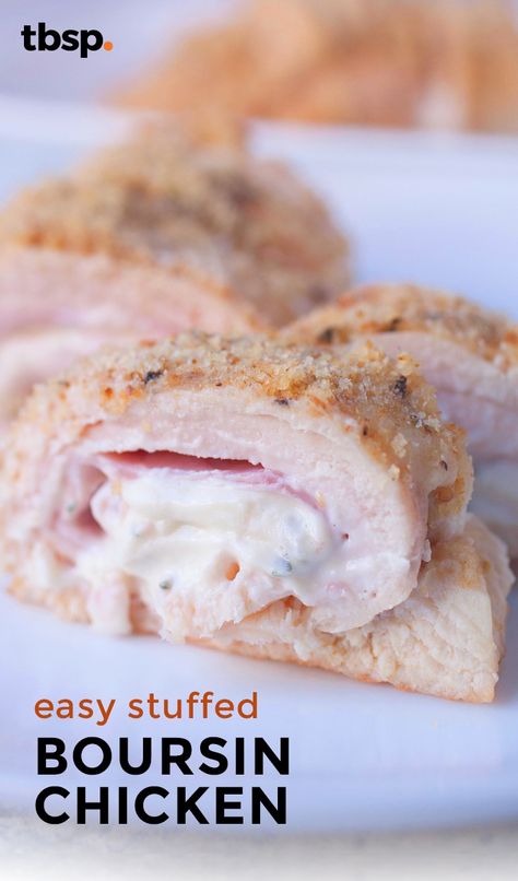 A new take on a classic chicken cordon blue stuffed with ham and boursin cheese! For a dinner ready in an hour, check out this perfect weeknight recipe! Boursin Stuffed Chicken Breast, Chicken And Boursin Cheese Recipe, Chicken Boursin Recipe, Recipes With Boursin Cheese, Boursin Stuffed Chicken, Boursin Cheese Chicken, Boursin Chicken, Boursin Cheese Recipes, Boursin Recipes