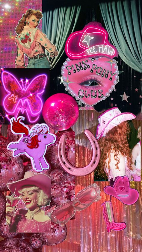 Mood board inspired by the Chappell Roan song Pink Pony Club, disco cowgirl aesthetic and kitsch and camp aesthetics with a little drag queen thrown in for fun 🪩  Would make a very fun brand and web design inspiration for a fun loving brand that doesn’t take itself too seriously 💘 #brandingdesign #webdesigninspiration Space Disco Cowgirl, Campy Aesthetic, Pink Aesthetic Glitter, Disco Cowgirl Aesthetic, Pink Disco Cowgirl, Cowboy Bathroom, Club Mood Board, Kitsch Aesthetic, 20th Birthday Ideas