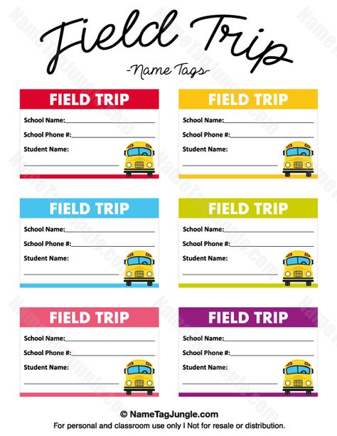 Free printable field trip name tags. The tags have fields for student name, school name and school phone number. Download the PDF at http://nametagjungle.com/name-tag/field-trip/ Field Trip Name Tags, Labels Storage, Tag Template Free, Student Name Tags, Name Tag For School, Name Tag Templates, School Field Trip, Tag Templates, Classroom Behavior Management