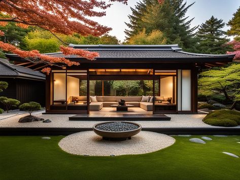 Zen Garden Room, Japanese Zen House Design, Japanese Style Backyard, Zen House Exterior, Zen Landscape Design, Home Zen Garden, Japanese Garden House, Japanese Garden Tea House, Japanese Zen Garden Mini