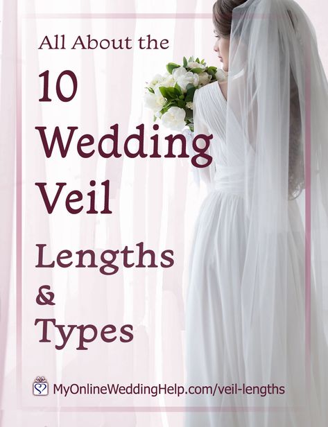 10 Wedding Veil Lengths and Types to consider. It's a wedding veil guide to help you decide which bridal veil will look best on you. Read it on the MyOnlineWeddingHelp.com blog. #WeddingVeils #VeilLengths #Bride #Wedding Wedding Veil Lengths, Veil Lengths, Wedding Guide Checklist, Types Of Veils, Diy Wedding Veil, Elbow Length Veil, Simple Veil, Veil Length, Veil Styles