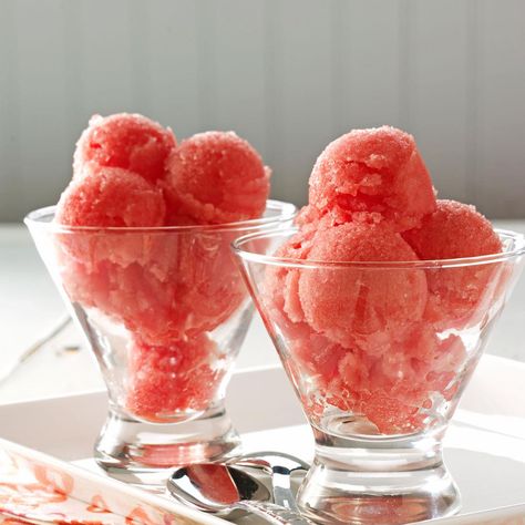 Watermelon Vodka Sorbet Recipe from Taste of Home How To Make Sorbet, Vodka Watermelon, Grilled Kabobs, Watermelon Sorbet Recipes, Watermelon Slush, Potato Vodka, Light Summer Desserts, 4 Ingredient Desserts, Watermelon Crawl