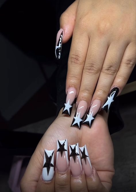 Long Star Nails, Bape Star Nails, Star Design On Nails, Nails With Stars, Black And White Nails, Star Nail Designs, Rich Rich, Colored Acrylic Nails, French Tip Acrylic Nails