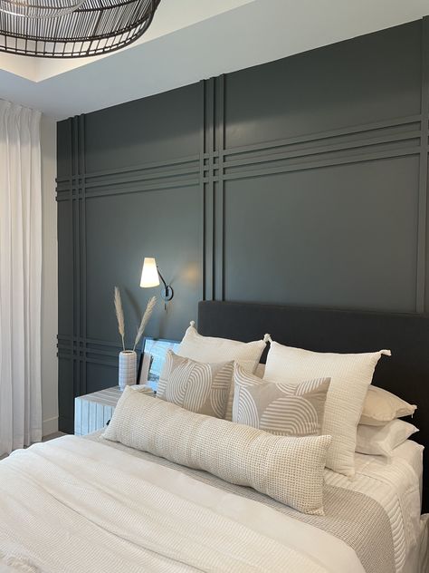 Paneling Behind Bed Bedroom Wall, Board And Batten Wall Headboard, Dark Wainscoting Ideas Master Bedrooms, Black Accent Wall And Ceiling, Master Bedrooms Decor Wainscot, Paneling Feature Wall Bedroom, Modern Wainscoting Bedroom, Bedroom With Drop Ceiling, Feature Wall With Crown Molding