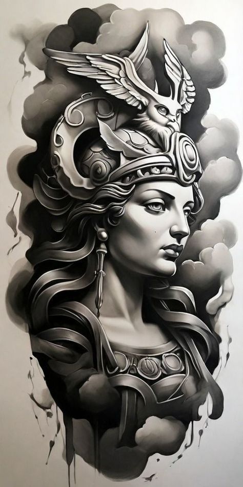 Greek God Tattoo Design, God Tattoo Design, Greek Goddess Tattoo, Athena Tattoo, Venus Tattoo, Greek God Tattoo, Roman Tattoo, Greek Goddess Art, Zeus Tattoo