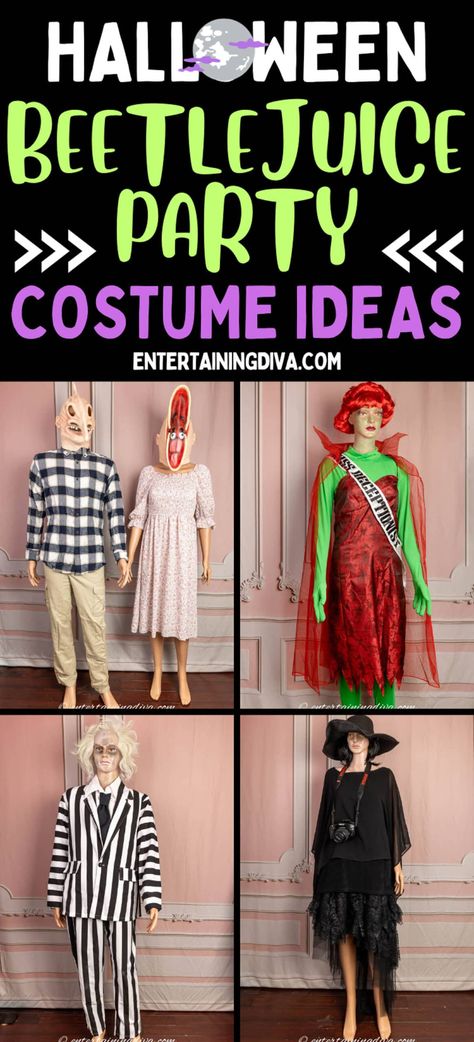 The Best Beetlejuice Costume Ideas | Beetlejuice Party Homemade Beetlejuice Costume, Beetle Juice Characters Costume Ideas, Beetlejuice Group Costume, Diy Beetlejuice Costume Women, Diy Beetlejuice Costume, Juno Costume, Beetlejuice Halloween Party, Halloween Party Costume Ideas, Beetlejuice Suit