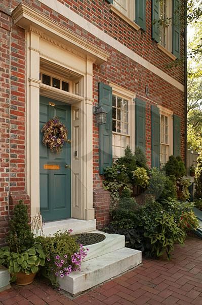 Society Hill Residence...beautiful. Orange Brick Houses, Brown Brick Houses, Grey Garage, Red Brick House Exterior, Cottage Patio, Green Shutters, Glass Railings, Orange Brick, House Shutters