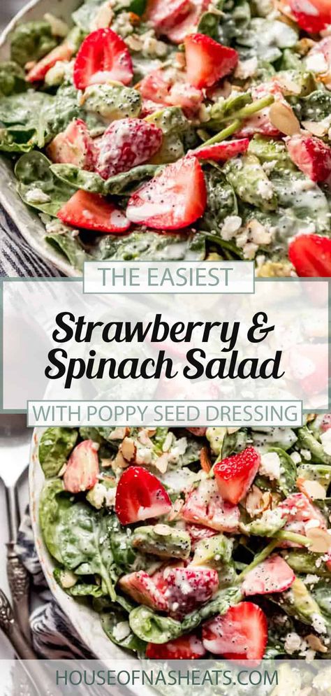 Creamy, tangy, and sweet, this Strawberry Spinach Salad is bursting with flavor and texture! It's easy to throw together and ready in just 5 minutes. Then it's drizzled with a simple Homemade Poppy Seed Dressing which you'll want to add to all of your salads! Perfect as a side dish or a main meal! #strawberry #spinach #salad #poppyseeddressing #strawberries #best #homemade #easy #dressing #fromscratch #poppyseeds Spinach Salad With Poppy Seed Dressing, Candied Walnuts Recipe, Salad With Poppy Seed Dressing, Candied Walnut Recipe, Best Salads Ever, Walnuts Recipe, Strawberry Spinach Salad, Spinach Salad Recipes, Poppy Seed Dressing