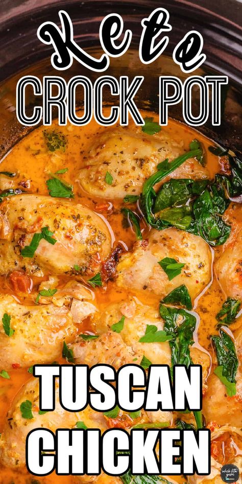 Keto Tuscan Chicken in the crock pot is an easy way to make a delicious meal with rich flavors and a creamy sauce. Tuscan chicken is next level with the rustic savory taste of sun-dried tomatoes and parmesan cheese. Serve with your favorite veggies or pasta it's guaranteed to be a Whole Lotta Yum! Healthy Low Carb Slow Cooker Recipes, Crock Pot Low Carb Meals, Crockpot Keto Recipes, Keto Crock Pot Recipes, Keto Tuscan Chicken, Crockpot Tuscan Chicken, Creamy Sun Dried Tomato Sauce, Crock Pot Tuscan Chicken, Whole Lotta Yum