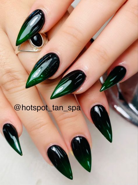 Witchy Nails Blue, Witch Coffin Acrylic Nails, Black Nails Green Accent, Short Green Stilleto Nails, Black And Green Ombré Nails, Black And Dark Green Nails Acrylic, Gothic Almond Nails Designs, Ombre Emerald Green Nails, Emerald Green And Black Ombre Nails