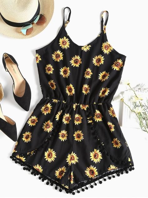 Black Sunflower, Sleeveless Playsuit, Chique Outfit, Rok Mini, Cami Romper, Peplum Tops, Pom Pom Trim, Cute Rompers, Tween Outfits