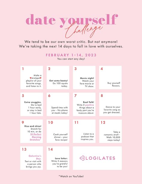 Date Yourself Challenge, Self Love Calendar, Self Dates Ideas, Date Yourself Quotes, Self Love Playlist, Date Yourself Ideas, Self Dates, Self Date Ideas, Self Challenge