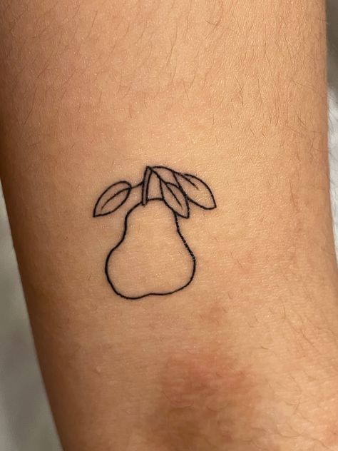 small 1in tat of a pear with three leaves Pear Tattoo, Nice Tattoos, Stick And Poke, Tattoo Inspo, New Tattoos, Small Tattoos, Cool Tattoos, Tatting, Body Art