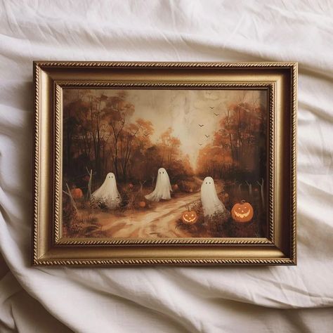 Moody Ghost Painting Autumn Landscape Vintage Style Wall Art Halloween Decor Spooky Fall Art Cott... | Etsy (US) Painting On Painting, Ghost In Painting, Ghosts In Paintings, Vintage Ghost Painting Trend, Ghost Painting On Old Pictures, Vintage Fall Artwork, Goodwill Halloween Painting, Halloween Canvas Diy, Spooky Landscape Painting