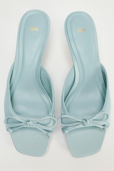 HEELED MULES WITH BOW - Blue | ZARA United States Baby Blue Heels, Blue Heeled, Fancy Heels, Slide Shoes, Cute Shoes Heels, Cute Heels, Blue Heels, Slides Shoes, Dream Shoes