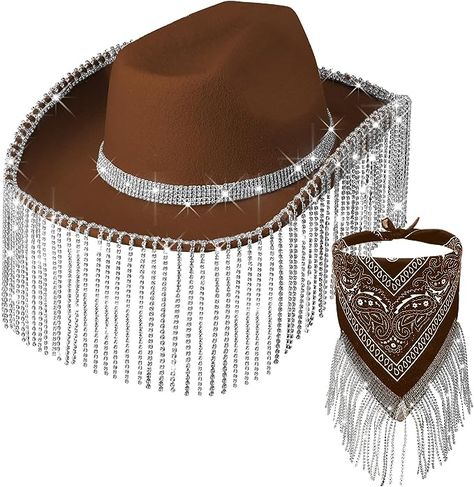 Bling Diamonds Design: the coffee rhinestone cowgirl hat adopts the classical cowboy hat shape and artificial diamond tassels, which will shine in the light or sunlight, which will make you look more attractive and eye catching in the crowd Rhinestone Cowgirl Hat, Fringe Hat, Men Cosplay, Rhinestone Cowgirl, Cowgirl Bachelorette, Drag King, Cowgirl Bling, Cowboy Party, Cowgirl Cowboy