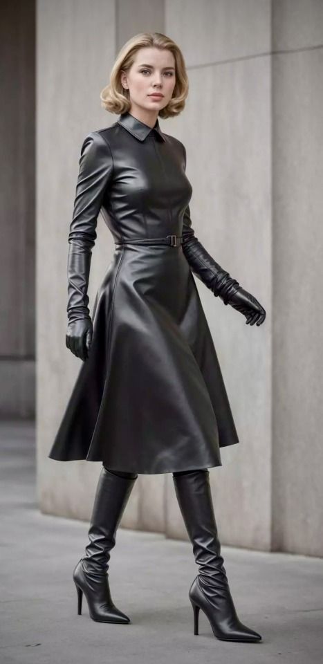 Leather Dress Outfit, Black Leather Outfit, Leather Outfits Women, Vinyl Fashion, Leather Coat Womens, Vinyl Clothing, Long Leather Coat, Exotic Fashion, Faux Leather Dress