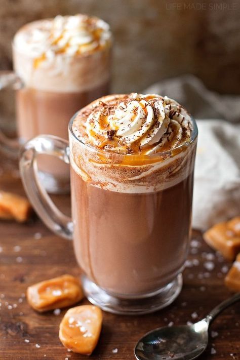 15 minutes · Vegetarian · Serves 4 · SALTED CARAMEL HOT COCOA #Salted #Caramel #Hot #Cocoa | lifemadesimplebakes.com #hotchocolate #hotdrinks #recipesforfall @lucyspintime Salted Caramel Hot Cocoa, Cinnamon Hot Chocolate, Salted Caramel Hot Chocolate, Delicious Hot Chocolate, Cocoa Recipes, Homemade Whipped Cream, Winter Drinks, Fall Drinks, Hot Chocolate Recipes