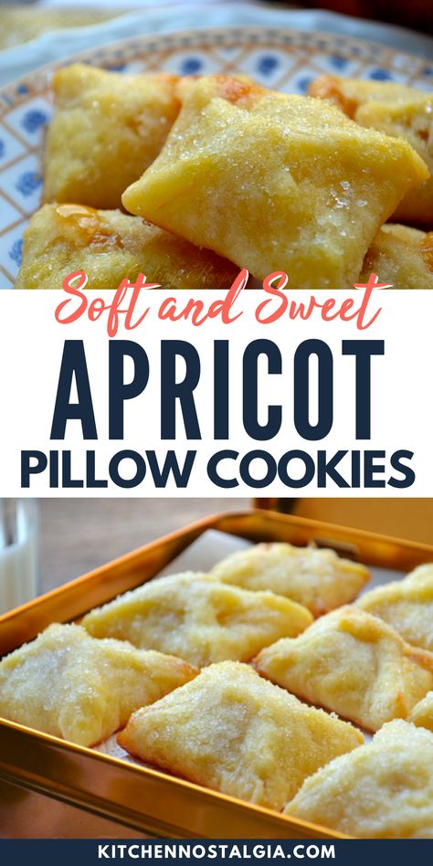 Pillow Cookies Recipe, Pillow Cookies, Apricot Filling, Apricot Dessert, Kitchen Nostalgia, Apricot Preserves, Apricot Recipes, Filled Cookies, Homemade Desserts