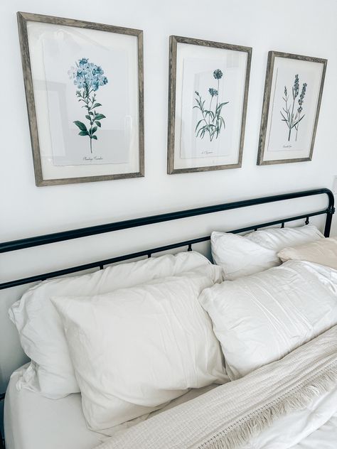 Above Bed Styling, 3 Frames Above Bed, Above Bed Prints, Wall Decor Ideas Above Bed, Picture Above Bed, Above The Bed Wall Decor, Frames Above Bed, Bedroom Prints Above Bed, Romanticizing College