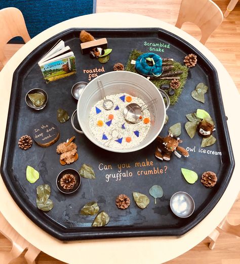 The Gruffalo Tuff Tray Ideas, Story Telling Week Activities Eyfs, Curiosity Approach Tuff Tray Ideas, Story Trays Eyfs, Story Activities Eyfs, Gruffalo Activities Eyfs Literacy, Story Telling Week Eyfs, Gruffalo Sensory Activities, The Gruffalo Tuff Tray