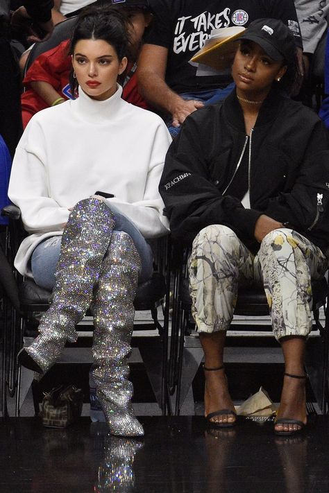 Kendall Jenner Sat Courtside Wearing the World’s Most Distractingly Beautiful $10,000 Boots Sparkly Boots Outfit, Ysl Boots, Kily Jenner, Sparkly Boots, Celebrity Boots, Kendall Style, Kylie Jenner Outfits, Kendall Jenner Outfits, Lady Dress