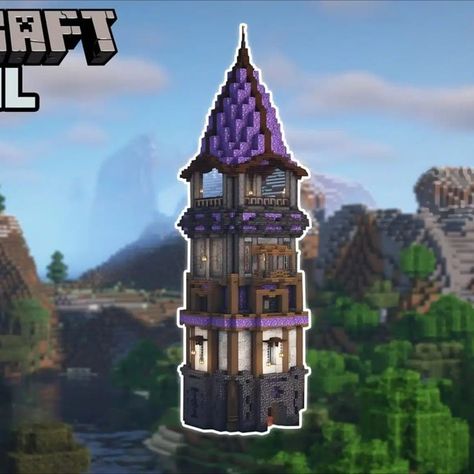 Are you searching for something mysterious and full of magic? Then why not try this enchanting amethyst tower? The interior and roof of this tower are made out of amethyst blocks with a unique shine to them. You can also add different lighting to this! With enough customization, I'm sure it'll turn out more beautiful! Try it out now! Enchanting Area Minecraft, Minecraft Tower Roof, Minecraft Tower Ideas, House Ideas For Minecraft, Enchanting Room Minecraft, Ideas For Minecraft, Tower Minecraft, Minecraft Roof, Minecraft Tower