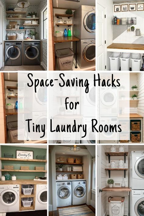 Make the most of your small laundry space with these genius organization hacks. Perfect for functional and stylish laundry rooms. Tiny Laundry Closet Organization, Really Small Laundry Room Ideas, Utility Room Ideas Small Tiny Spaces, Organise Laundry Room, Laundry Room And Cat Room, Small Laundry Bathroom Ideas, Decorate Small Laundry Room, Laundry Basket Storage Above Washer And Dryer, Small Laundry Room Storage Solutions