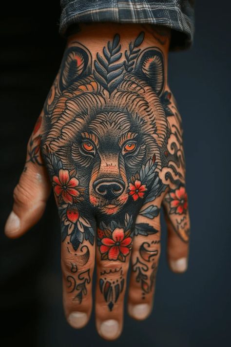 Fierce Bear Tattoo Ideas With Strong Symbolism Men’s Traditional Hand Tattoos, Tattoo On Hand Man, Neo Traditional Chest Tattoo Men, New School Hand Tattoo, Traditional Paw Tattoo, Cool Animal Tattoos For Guys, Rooster American Traditional Tattoo, Monkey Hand Tattoo, Traditional Arm Sleeve Tattoo