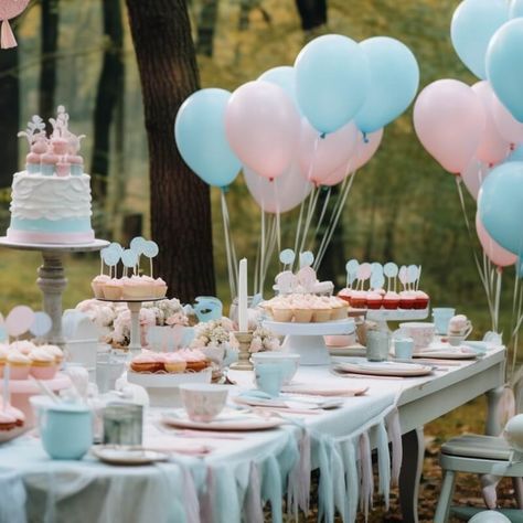 Celebrate the arrival of your bundle of joy by throwing an exciting gender reveal party in the woods. Set up a spectacular tablescape by styling one end of the wooden table with light blue & white chiffon runners along with tassels. Display the treats atop cake stands and dessert trays and add white taper candle along with pastel hued blooms for an added charm. Place ivory seat pads for comfortable seating and arrange blush & light blue floating balloons to perfectly cap off your party decor. Gender Reveal Party Table Set Up, Gender Reveal Table Set Up Decoration, Outdoor Gender Reveal Party, Gender Reveal Table Set Up, Outdoor Gender Reveal, Gender Reveal Party Table, Gender Reveal Dessert Table, Party In The Woods, Gender Reveal Dessert