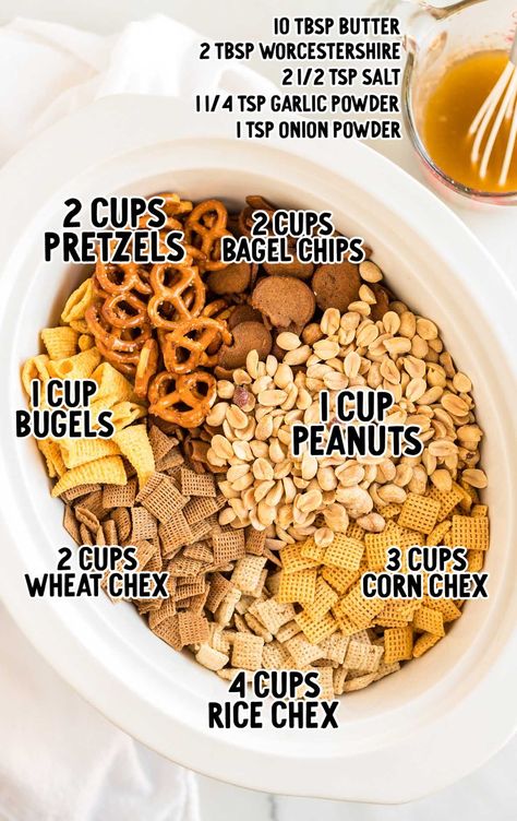 Crockpot Chex Mix raw ingredients that are labeled Chex Mex Recipes, Slow Cooker Chex Mix Recipes, 18birthday Party Ideas, Chex Mix Recipes Crock Pot, Crockpot Party, Chex Mix Ingredients, Homemade Chex Mix, Halloween Finger, Chex Mix Recipes