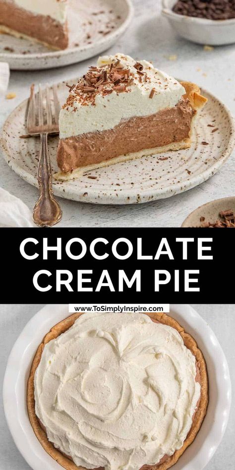 The hardest part of this rich and creamy chocolate cream pie recipe is trying not to dig in before it's set. Made with dark chocolate, cocoa powder and sweetened condensed milk, this easy dessert is perfect for all your summer gatherings! Milk Pie Recipe, Easy Chocolate Cream Pie, Homemade Chocolate Pie, To Simply Inspire, Easy Chocolate Pie, Chocolate Cream Pie Recipe, Chocolate Pie Recipes, Chocolate Cream Pie, Cream Pie Recipes