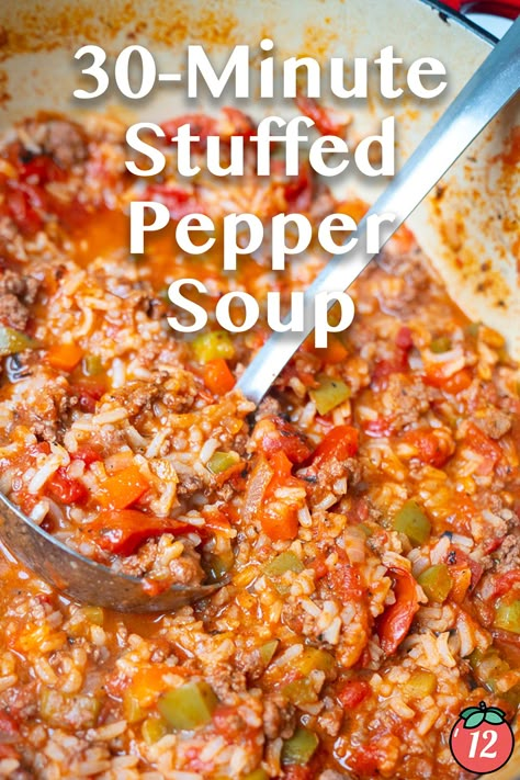 30-Minute Stuffed Pepper Soup | 12 Tomatoes Green Pepper Soup, Soups To Make, Bell Pepper Soup, Can Tomato Sauce, Easy Stuffed Peppers, 12 Tomatoes Recipes, Stuffed Pepper, Pepper Soup, Green Bell Pepper