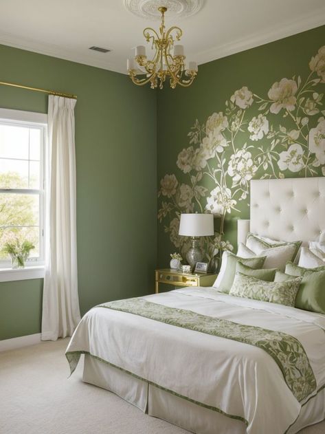 Floral Accent Wall, Green Room Ideas Bedroom, Dream House Bedroom, Elegant Bedroom Design, All White Bedroom, Cottage Style Interiors, Sitting Room Design, White Bed Frame, Sage Green Bedroom