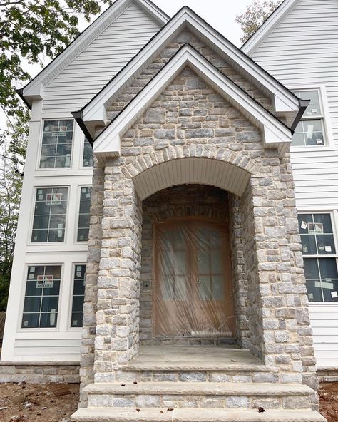 Monika McCommon (@mmcointeriors) • Instagram photos and videos Limestone Front Porch, Limestone Front Steps, Front Porch Exterior, Stone Front Porch, Front Porch Stone, Porch Exterior, White Grout, Exterior Finishes, Door House