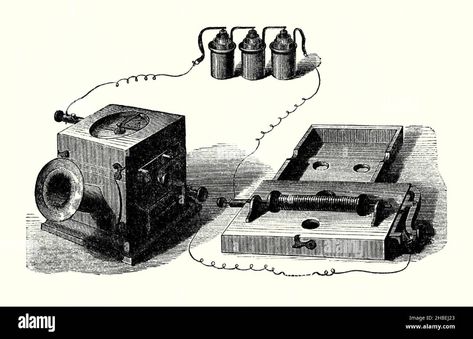 Download this stock image: An old engraving of Philipp Reiss’ ‘Musical’ Telephone (telepon) of the 1860s. It is from a Victorian book of the 1890s on discoveries and inventions during the 1800s. In 1861 German Johann Philipp Reis (1834–1874) succeeded in creating a device that captured sound, converted it to electrical impulses which were transmitted via electrical wires to another device that transformed these pulses into sounds similar to the original. In this later version the transmitter is Electrical Wires, Victorian Books, Image Processing, Electrical Wiring, Florence Italy, Florence, Photo Image, Stock Images, Resolution